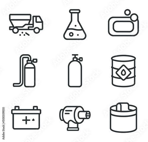 Industrial Salt Icons. Outline icon set of industrial salt applications: de-icing truck, chemical flask, soap bar, water softener