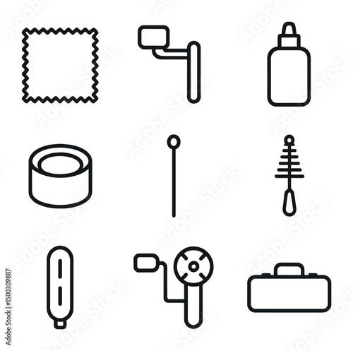 Instrument Care Icons. Outline icon set of instrument care and maintenance tools: polishing cloth, tuning peg winder, valve oil,
