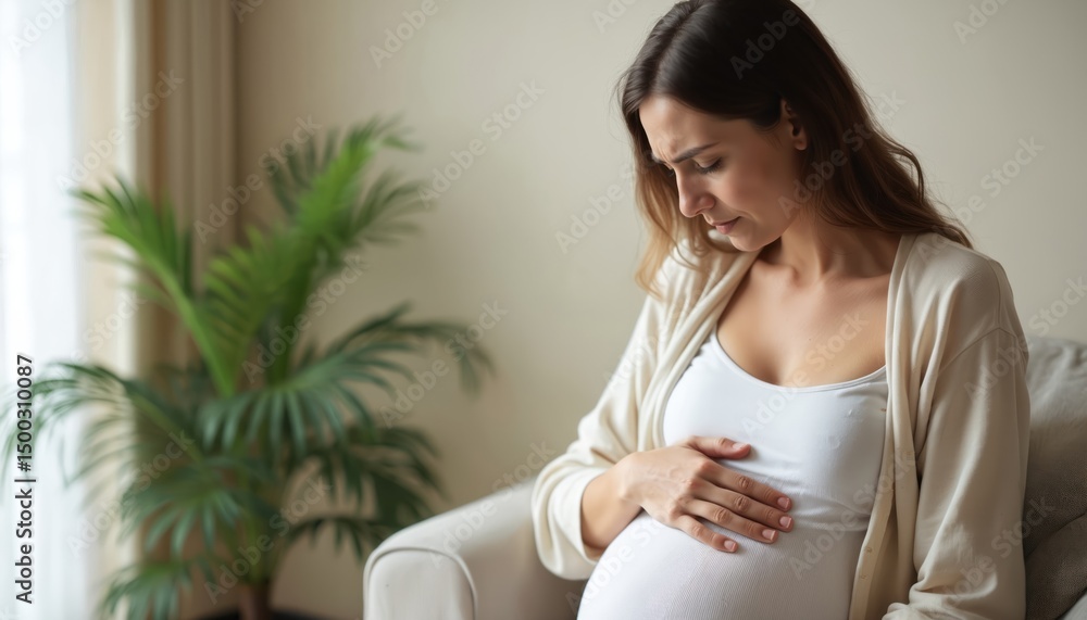 Pregnant woman experiencing pain at home, touching belly. Expectant mother feeling discomfort, concern during pregnancy. Health, motherhood, family, baby care concept. Maternity, antenatal period. Pregnant woman experiencing pain at home, touching belly. Expectant mother feeling discomfort, concern during pregnancy. Health, motherhood, family, baby care concept. Maternity, antenatal period.