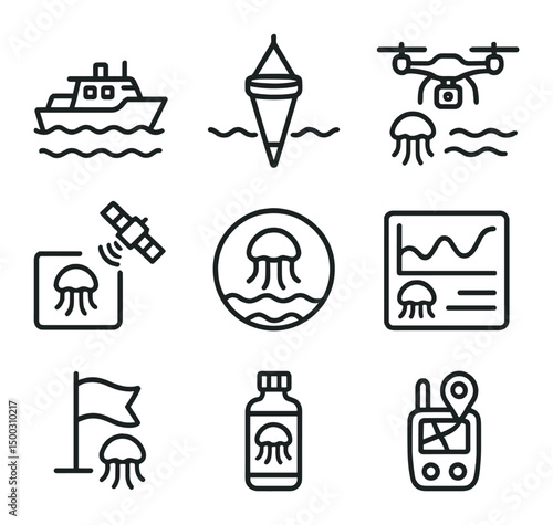 Jellyfish Monitoring Icons. Outline icon set of jellyfish bloom monitoring: research vessel, plankton net, drone survey, satellite