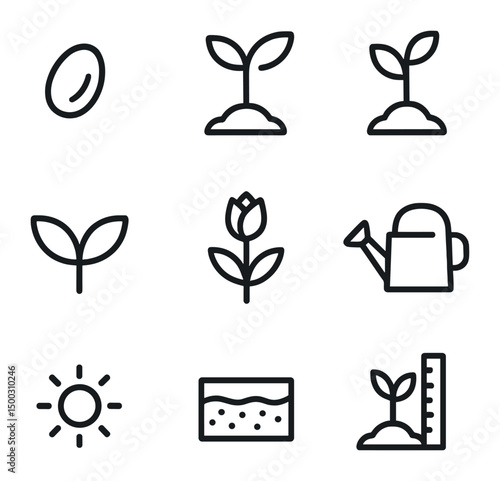Plant Growth Icons. Outline icon set of plant growth stages: seed, sprout, seedling, leaf pair, budding flower, watering can, sun