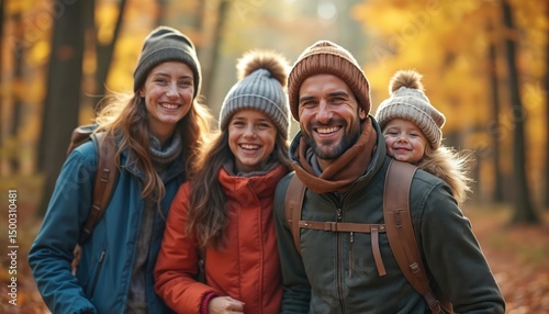 Happy family hiking in autumn forest, smiling. Parents, children enjoy outdoor activities in nature. Family togetherness, exploring woodland trail. Healthy lifestyle vacation travel.