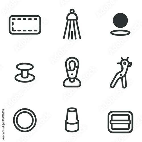 Leather Craft Icon Set. Outline icon set of leather scrap statement pieces: leather strip, fringe tassel, snap stud, rivet, swivel