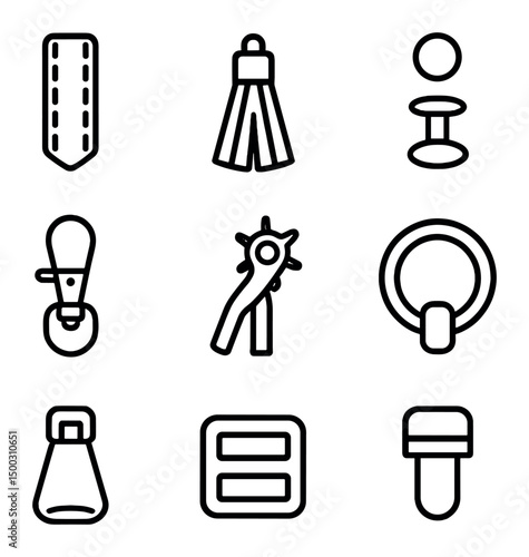Leather Craft Icon Set. Outline icon set of leather scrap statement pieces: leather strip, fringe tassel, snap stud, rivet, swivel