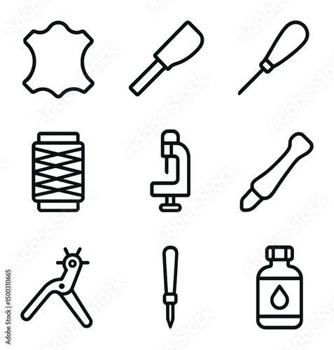 Leathercraft Tools Icons. Outline icon set of leathercraft supplies: leather hide, cutting knife, stitching awl, thread spool,