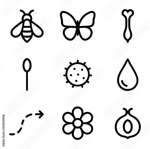 Pollination Icons Set. Outline icon set of pollination process blooms: bee silhouette, butterfly icon, stigma, anther, pollen