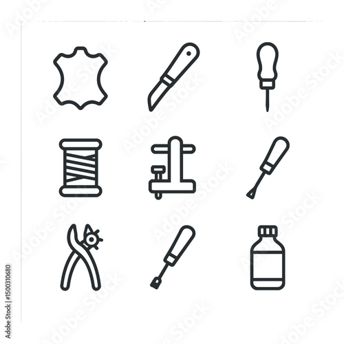 Leathercraft Tools Icons. Outline icon set of leathercraft supplies: leather hide, cutting knife, stitching awl, thread spool,