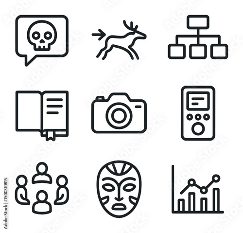 Linguistic Anthropology Icons. Outline icon set of linguistic anthropology: speech bubble with skull icon, cave painting glyph,