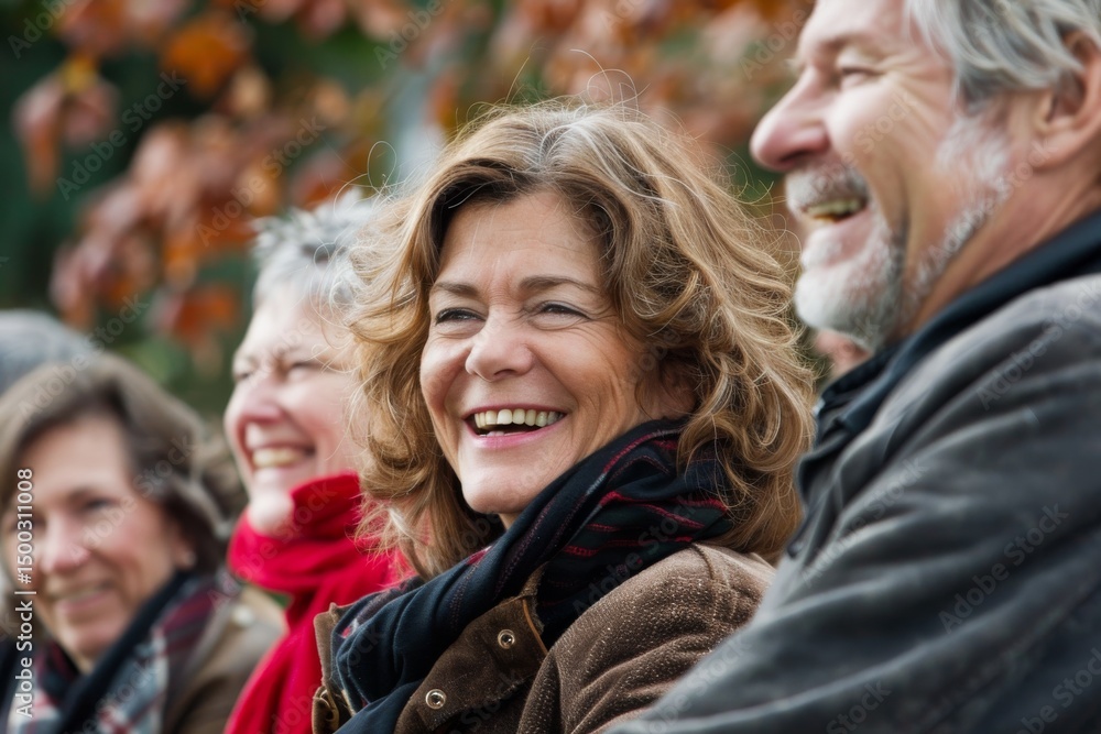 Happy senior couple with their family in autumn park. Focus on woman Happy senior couple with their family in autumn park. Focus on woman