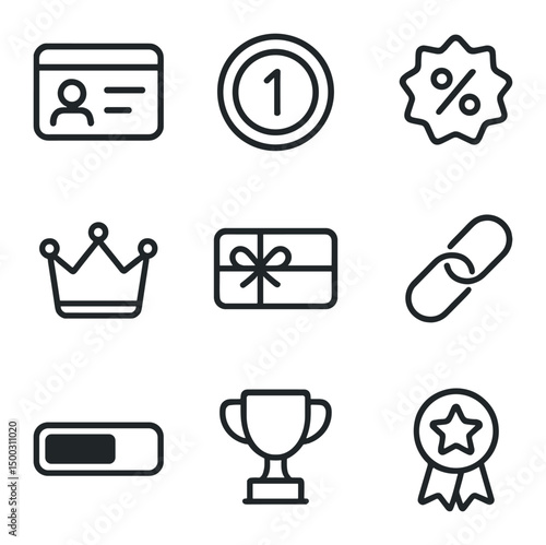 Loyalty Rewards Icons. Outline icon set of loyalty and rewards: membership card, points counter, discount badge, tier crown, gift