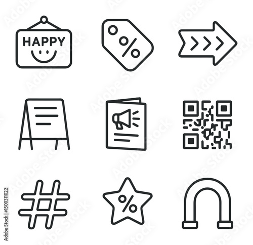 Promotional Icon Set. Outline icon set of promotions and signage: happy hour sign, deal tag, neon arrow, chalkboard menu, promo
