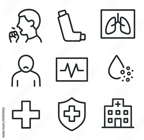 Public Health Icons. Outline icon set of public health impacts: coughing person, asthma inhaler, lung X-ray, hospital building,