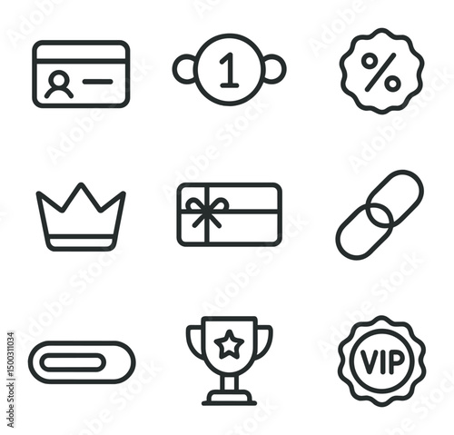 Loyalty Rewards Icons. Outline icon set of loyalty and rewards: membership card, points counter, discount badge, tier crown, gift