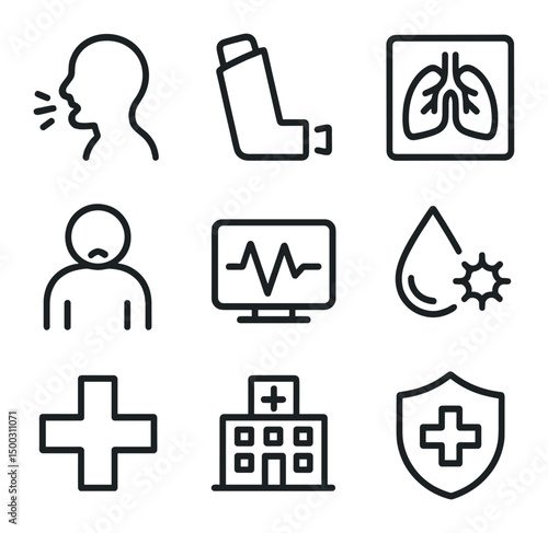 Public Health Icons. Outline icon set of public health impacts: coughing person, asthma inhaler, lung X-ray, hospital building,