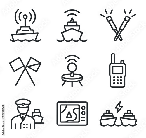 Maritime Communication Icons. Outline icon set of maritime communication protocols: ship antenna, AIS signal, distress flares,