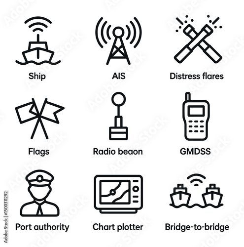 Maritime Communication Icons. Outline icon set of international phone communication: smartphone globe, VoIP headset, dial pad,