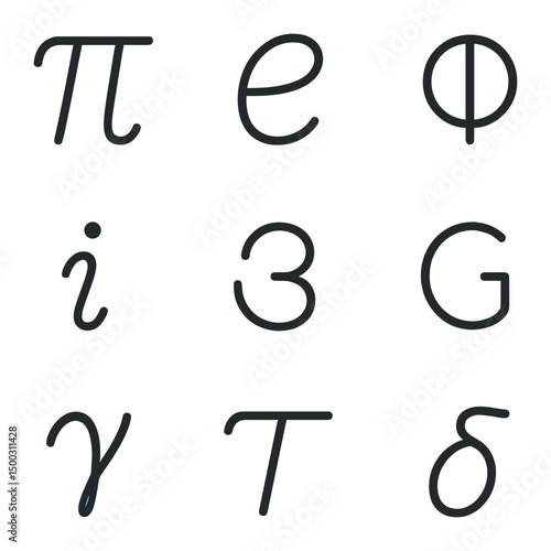 Mathematical Constants Icons. Outline icon set of mathematical constants: pi π, Euler’s number e, golden ratio φ, imaginary unit i