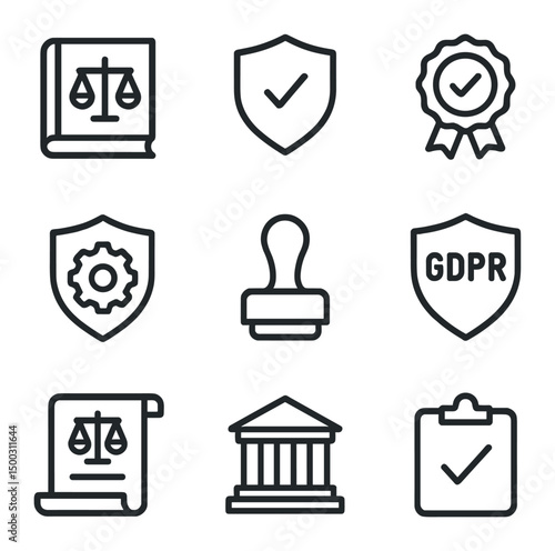 Regulatory Compliance Icons. Outline icon set of regulatory compliance and ethics: law book, liability shield, certification badge