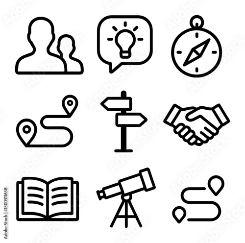Mentorship Icons Grid. Outline icon set of mentorship and guidance: mentor silhouette, mentee silhouette, speech bubble with light