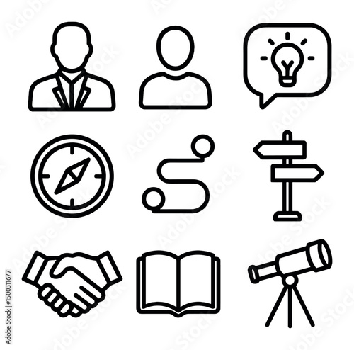 Mentorship Icons Grid. Outline icon set of mentorship and guidance: mentor silhouette, mentee silhouette, speech bubble with light