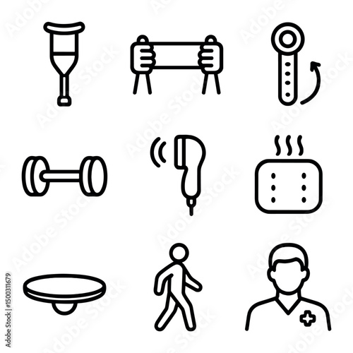 Rehab Icon Set. Outline icon set of rehabilitation and physiotherapy: crutch support, resistance band, range of motion goniometer,