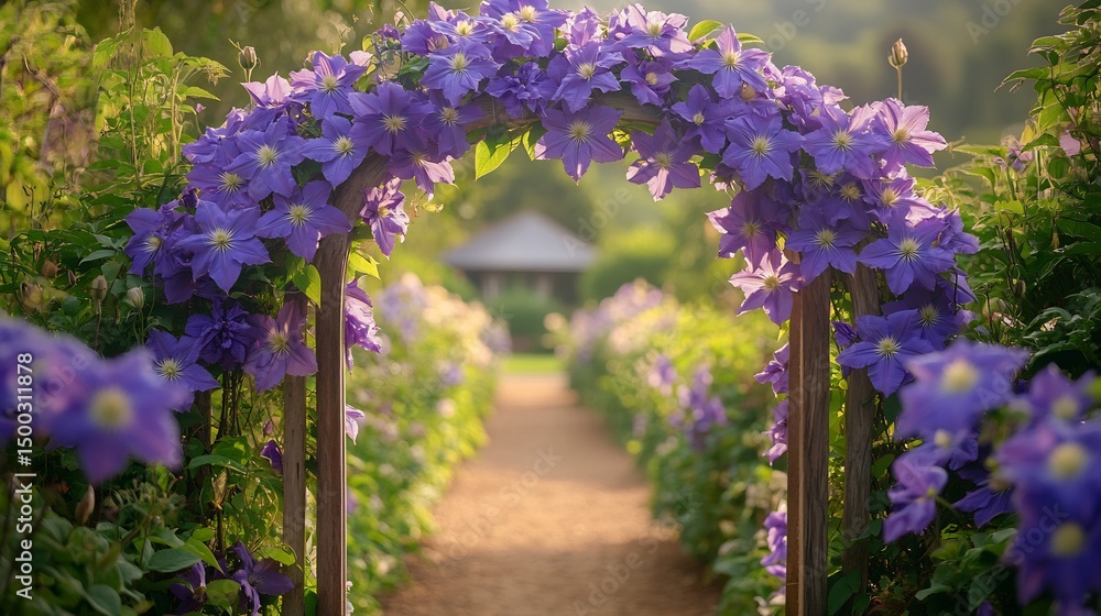 Obraz premium Clematis Clematis jackmanii purple climbing flowers covering wooden archway in a countryside garden cottage visible in the background sunny floral escape