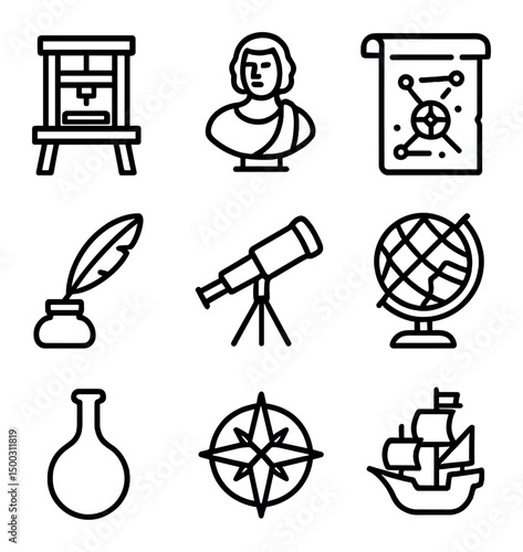 Renaissance Exploration Icons. Outline icon set of renaissance exploration: printing press, portrait bust, navigational chart,