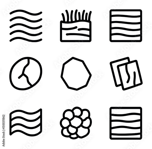Metamorphic Rock Icons. Outline icon set of metamorphic rock textures: foliation band, schist layer, gneiss stripe, marble vein,