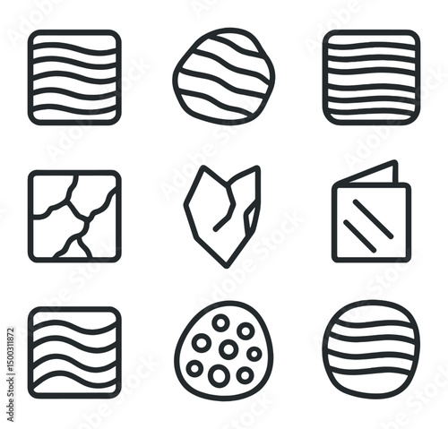 Metamorphic Rock Icons. Outline icon set of metamorphic rock textures: foliation band, schist layer, gneiss stripe, marble vein,