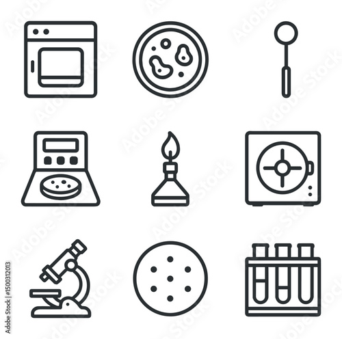 Microbiology Icon Set. Outline icon set of microbiology culture methods: incubator, agar-filled Petri dish, inoculation loop,