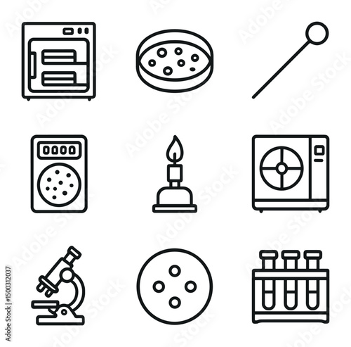 Microbiology Icon Set. Outline icon set of microbiology culture methods: incubator, agar-filled Petri dish, inoculation loop,
