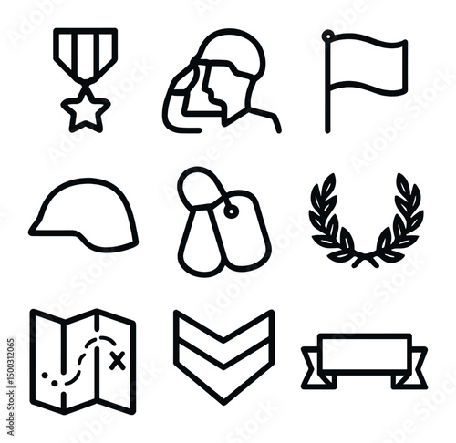 Military Icon Set. Outline icon set of military unit mission success: medal ribbon, salute silhouette, flag raised, helmet icon,