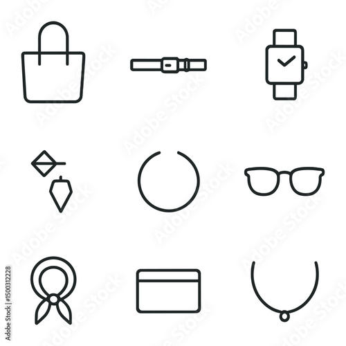 Minimal Accessories Icons. Outline icon set of minimal accessories: leather tote, slim belt, square watch face, geometric stud