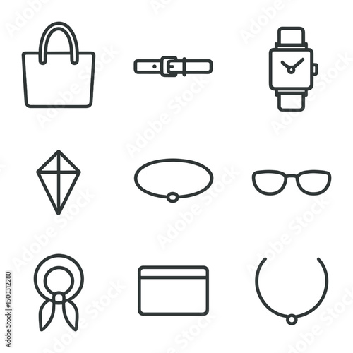 Minimal Accessories Icons. Outline icon set of minimal accessories: leather tote, slim belt, square watch face, geometric stud