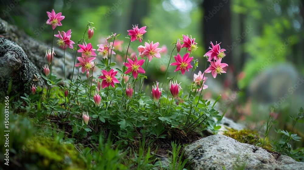 Naklejka premium Columbine Aquilegia vulgaris blooming a shaded hillside nodding multi colored blossoms dancing in the breeze mossy rocks and forest trees surrounding the area