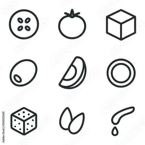Salad Bowl Ingredients. Outline icon set of salad bowl ingredients: cucumber slice, cherry tomato, feta cube, olive, avocado slice