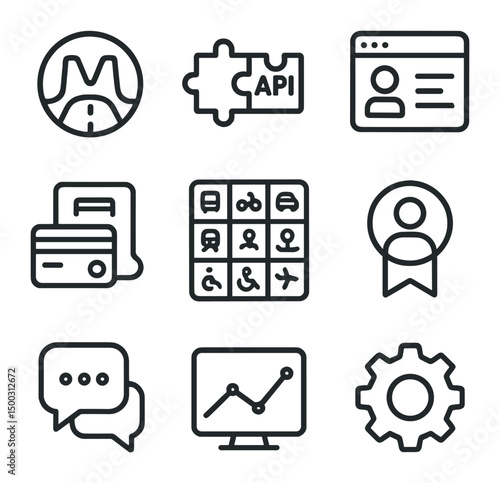 Mobility Platform Icons. Outline icon set of multimodal trip integration: map layers, transfer arrows, bike icon, bus icon, car