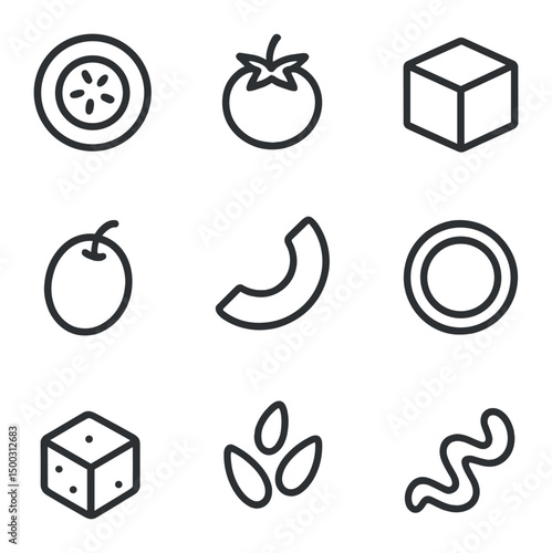 Salad Bowl Ingredients. Outline icon set of salad bowl ingredients: cucumber slice, cherry tomato, feta cube, olive, avocado slice