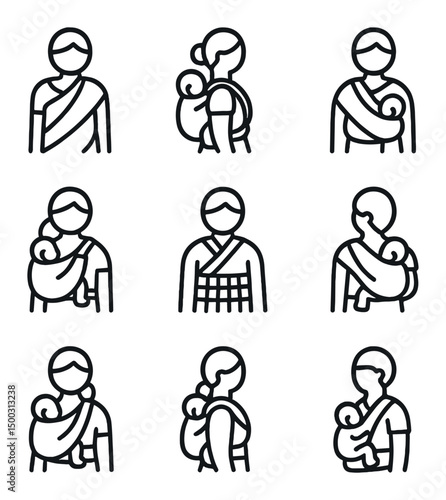 Multicultural Baby Carriers Icons. Outline icon set of multicultural baby carriers: Indian sari sling, African kanga wrap,