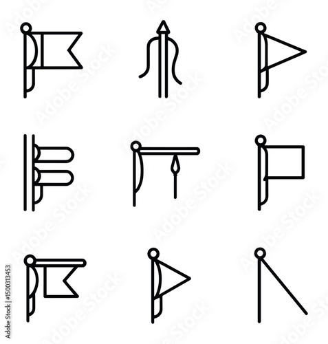 Signal Halyards Icons. Outline icon set of signal halyards: semaphore flag halyard, signal mast rope, flag downhaul, gaff halyard,