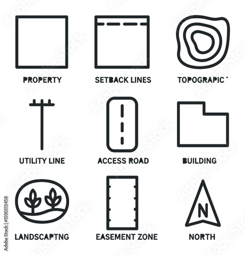 Site Plan Icon Set. Outline icon set of site plan requirements: property boundary, setback lines, topographic contour, utility