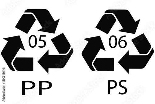 Plastic recycling code icon set. Black recycling symbol on a clean white background.