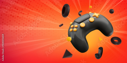 3d Game Controller Isolated on Abstract Comic Background. Black Joystick with Dynamic 3D Elements, Perfect for Esports or Gaming Promotions. Vector Illustration.