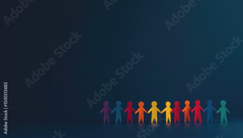 Paper people, various colors, holding hands, a row, dark background