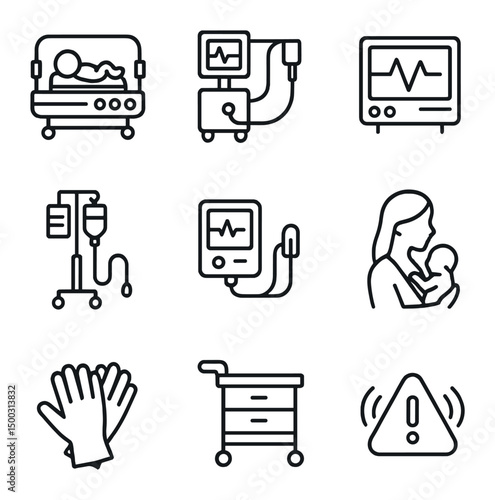 NICU Medical Icons. Outline icon set of neonatal intensive care unit (NICU): incubator, ventilator, heart rate monitor, IV pump,