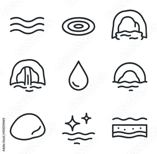 Subterranean River Icons. Outline icon set of subterranean rivers: flowing water, ripple effect, cave pool, waterfall dribble,