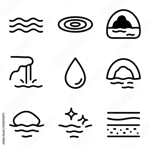 Subterranean River Icons. Outline icon set of subterranean rivers: flowing water, ripple effect, cave pool, waterfall dribble,