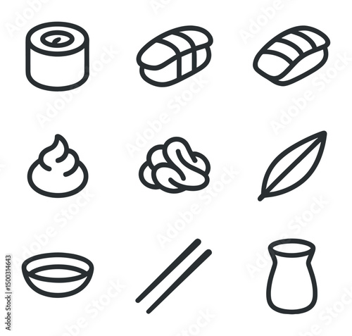 Sushi Icon Set. Outline icon set of sushi plating styles: maki roll, nigiri piece, sashimi slice, wasabi dollop, pickled ginger,