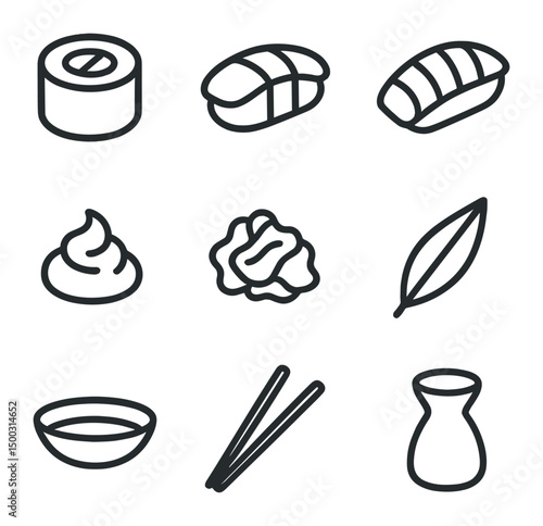 Sushi Icon Set. Outline icon set of sushi plating styles: maki roll, nigiri piece, sashimi slice, wasabi dollop, pickled ginger,