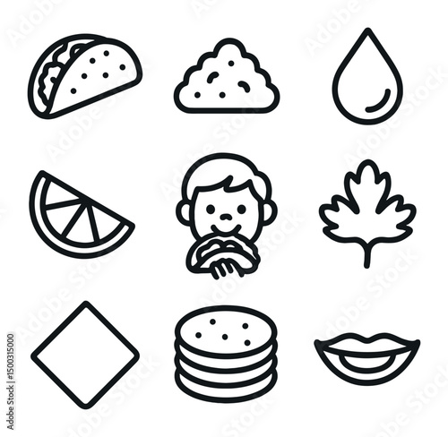 Taco Fiesta Icons. Outline icon set of taco fiesta joy: taco shell, filling mound, salsa drop, lime wedge, kid bite, cilantro leaf